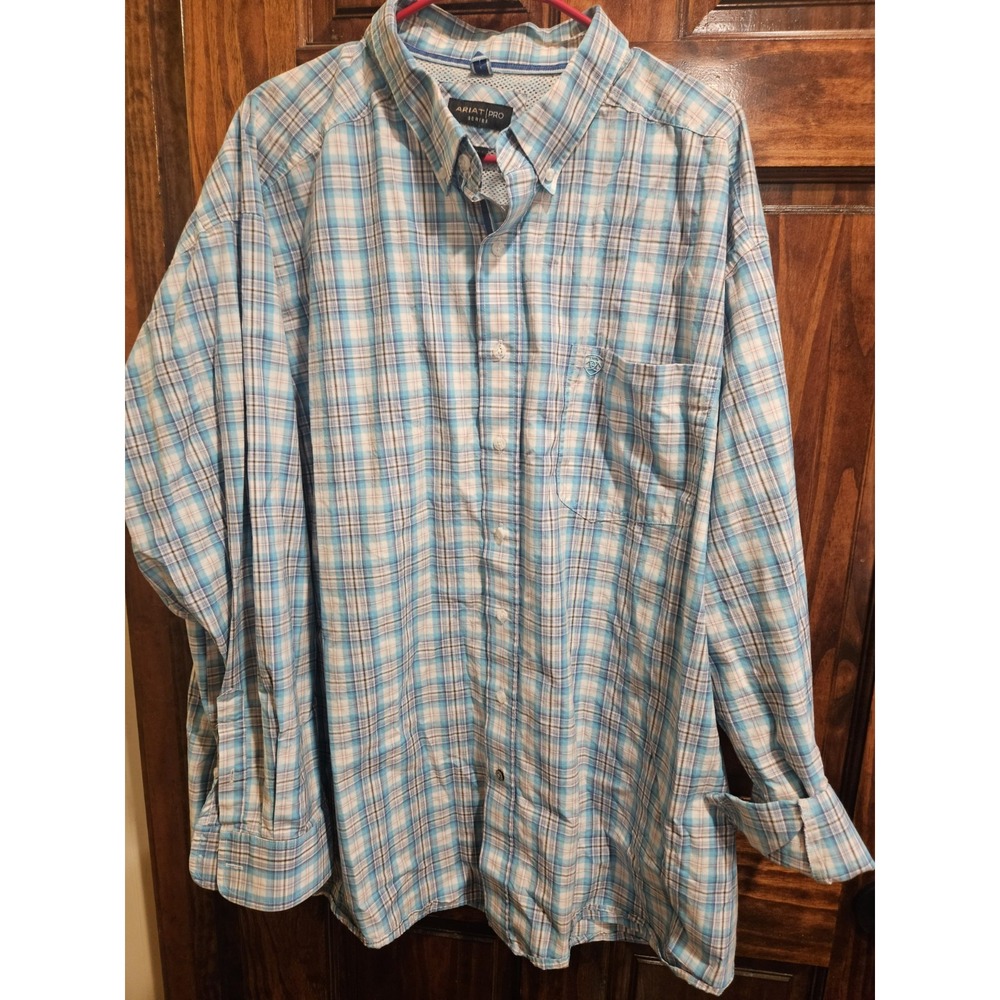Ariat Pro Series Mens 3XL Plus Button Up Long Sleeve Plaid Shirt Blue White